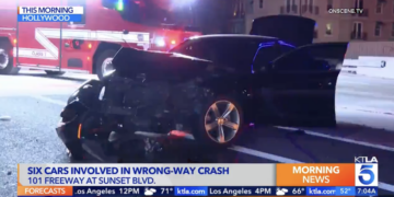 1 hurt in 6-car crash on 101 Freeway in Hollywood